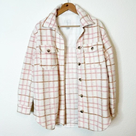 Joie Ivory Pink Plaid Oversized Shirt Jacket Shacket Size Small - Picture 1 of 4